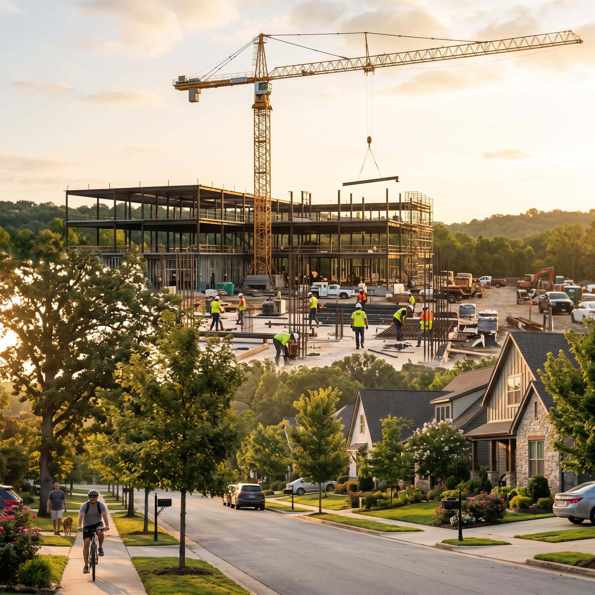 Construction site and finished residential street shown together, representing full-cycle development