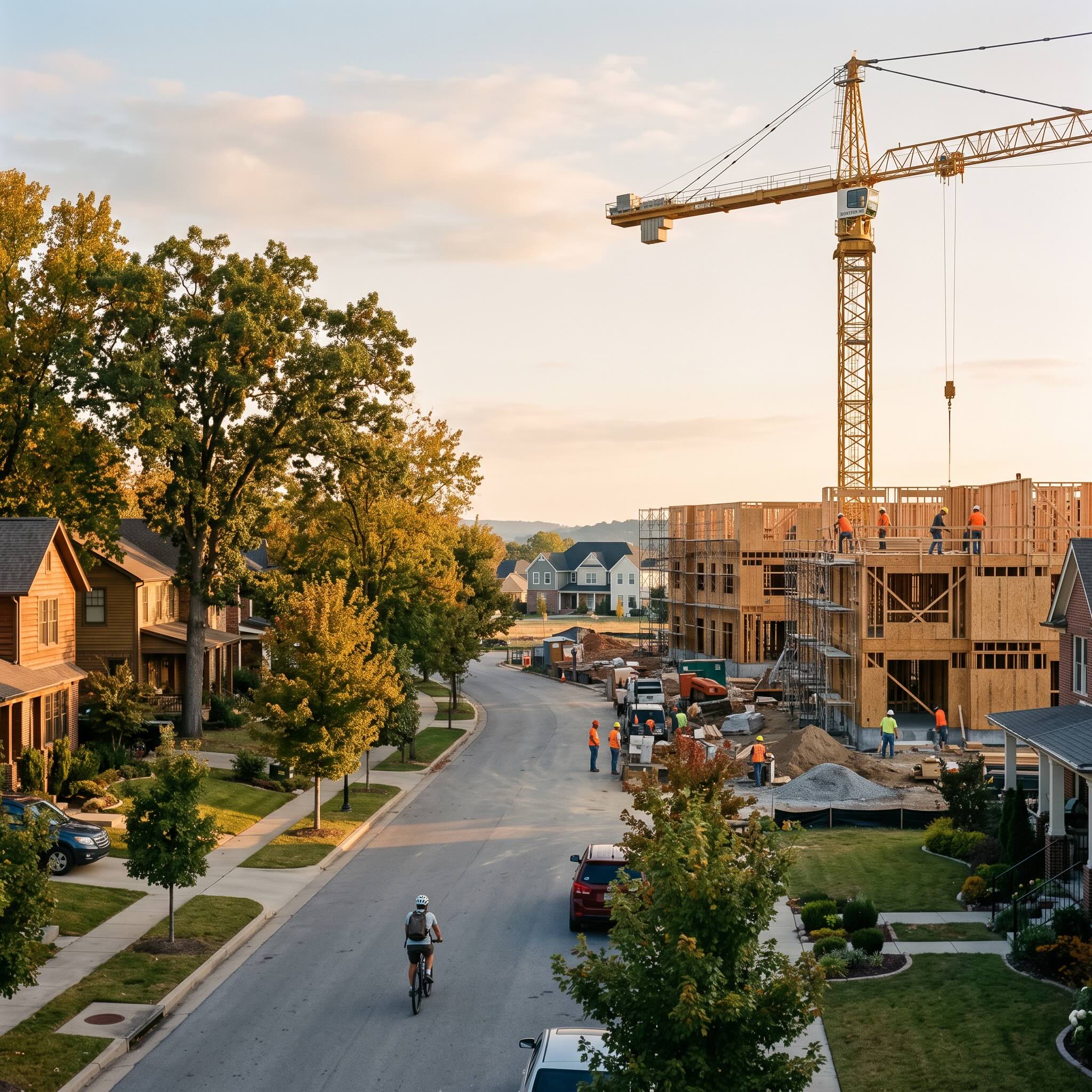Aerial view blending modern commercial buildings and residential neighborhoods across a growing Northwest Arkansas region
