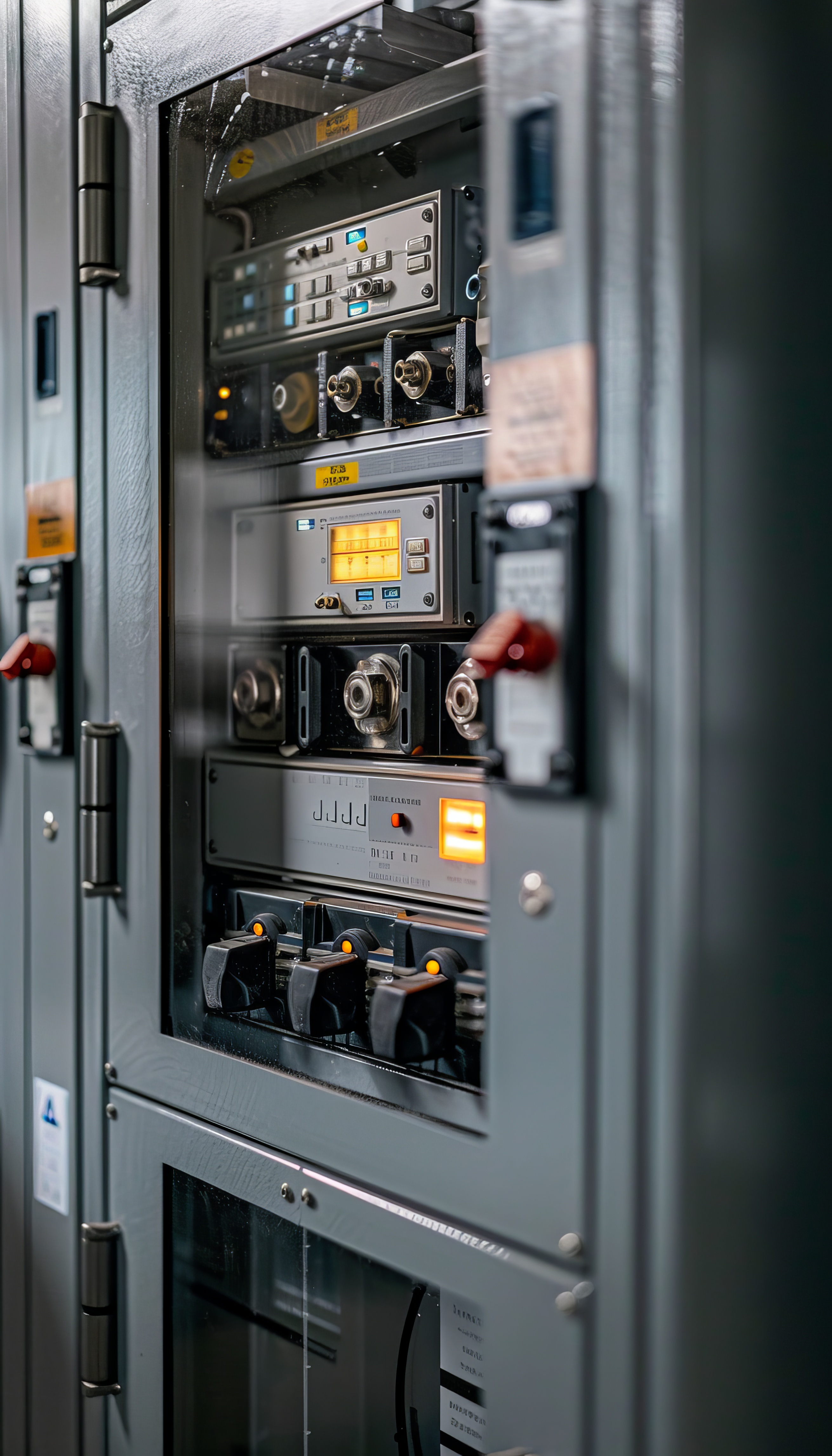 Close-up of an electrical control panel with switches, dials, and illuminated indicators behind glass.