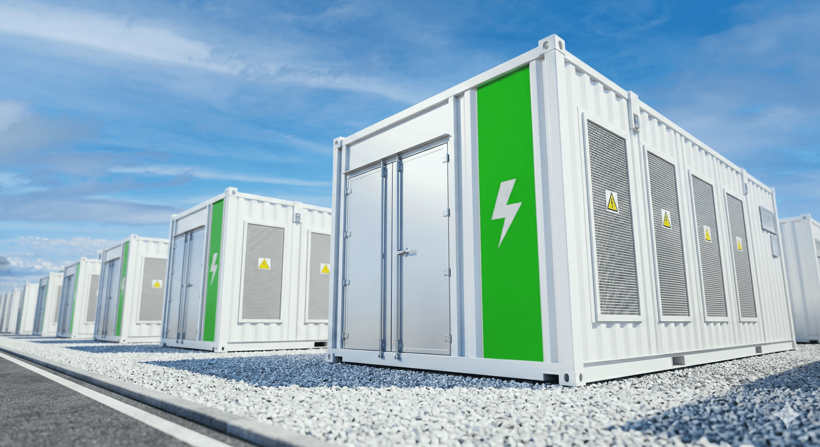 Row of white industrial energy storage containers with green panels and electrical hazard signs under a partly cloudy blue sky.