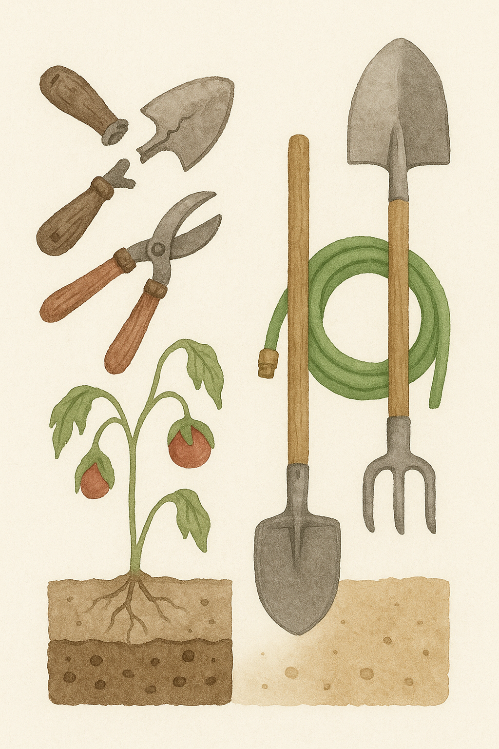 Gardening tools including pruners, trowel, shovel, and a garden hose, alongside a tomato plant with visible roots, illustrating essential equipment for effective homesteading and sustainable gardening practices.