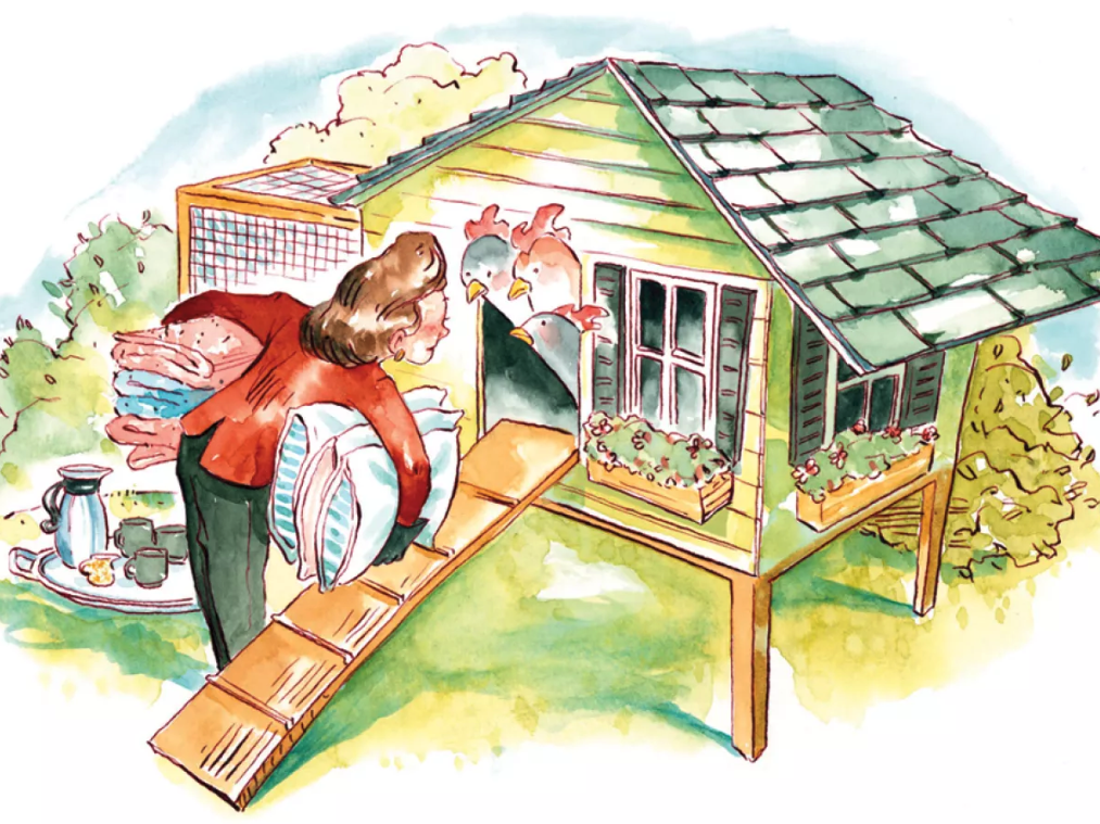 Person carrying supplies towards a colorful chicken coop, emphasizing the importance of managing livestock and project workloads in homesteading.