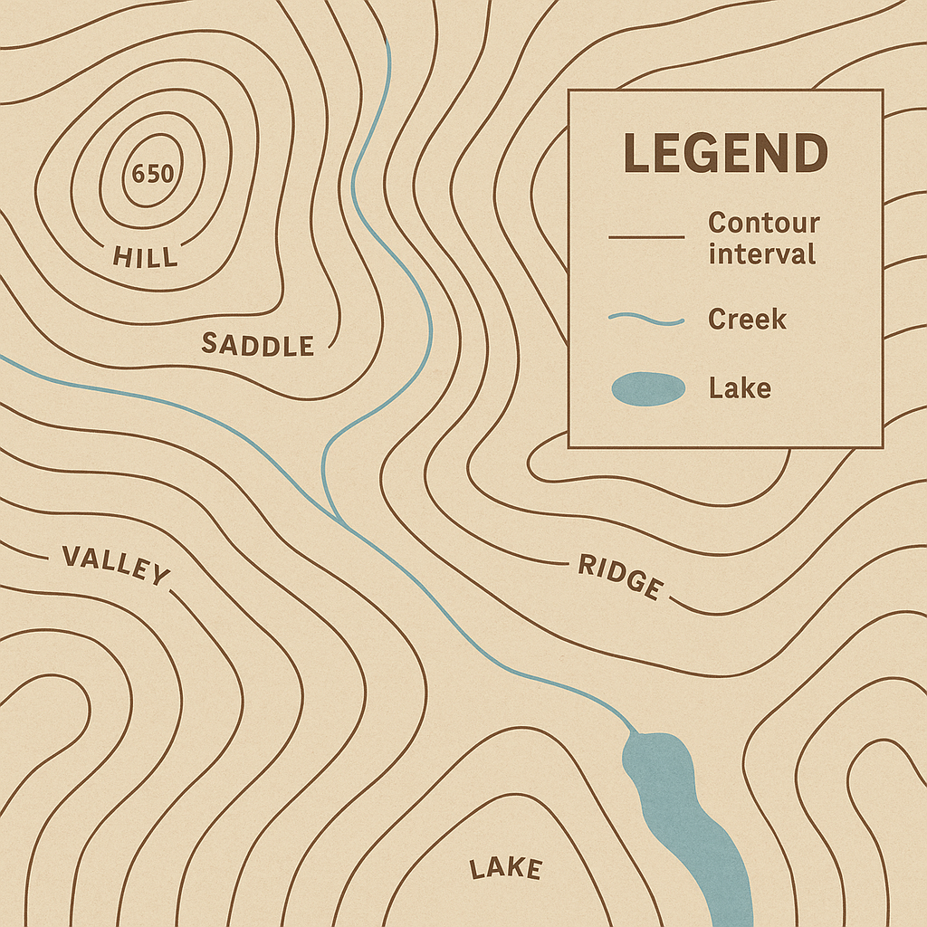 Topographic map displaying contour lines indicating elevation changes, labeled features including hill, saddle, valley, ridge, and lake, with a legend explaining contour intervals, creek, and lake symbols, relevant for outdoor navigation and terrain visualization.