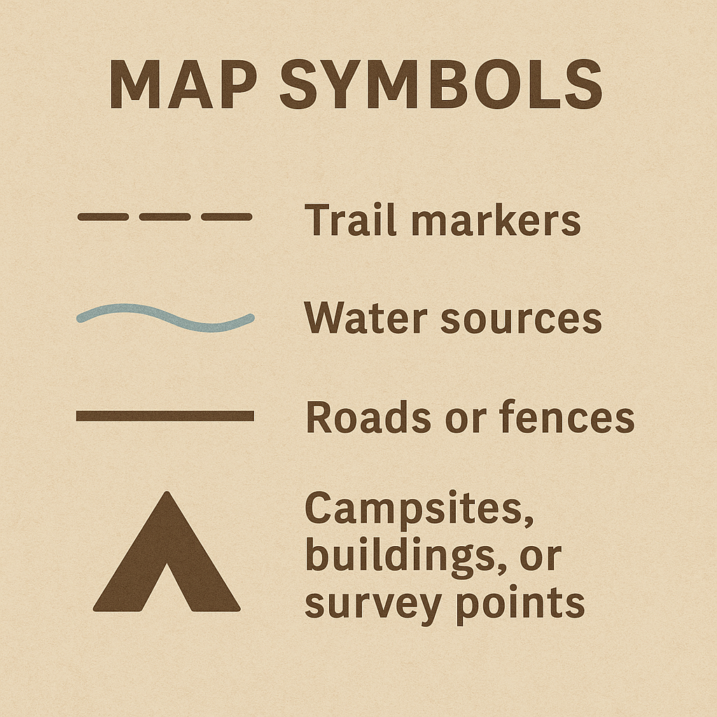 Map symbols for topographic navigation: trail markers, water sources, roads or fences, and campsites or survey points, enhancing outdoor navigation skills for hikers and campers.