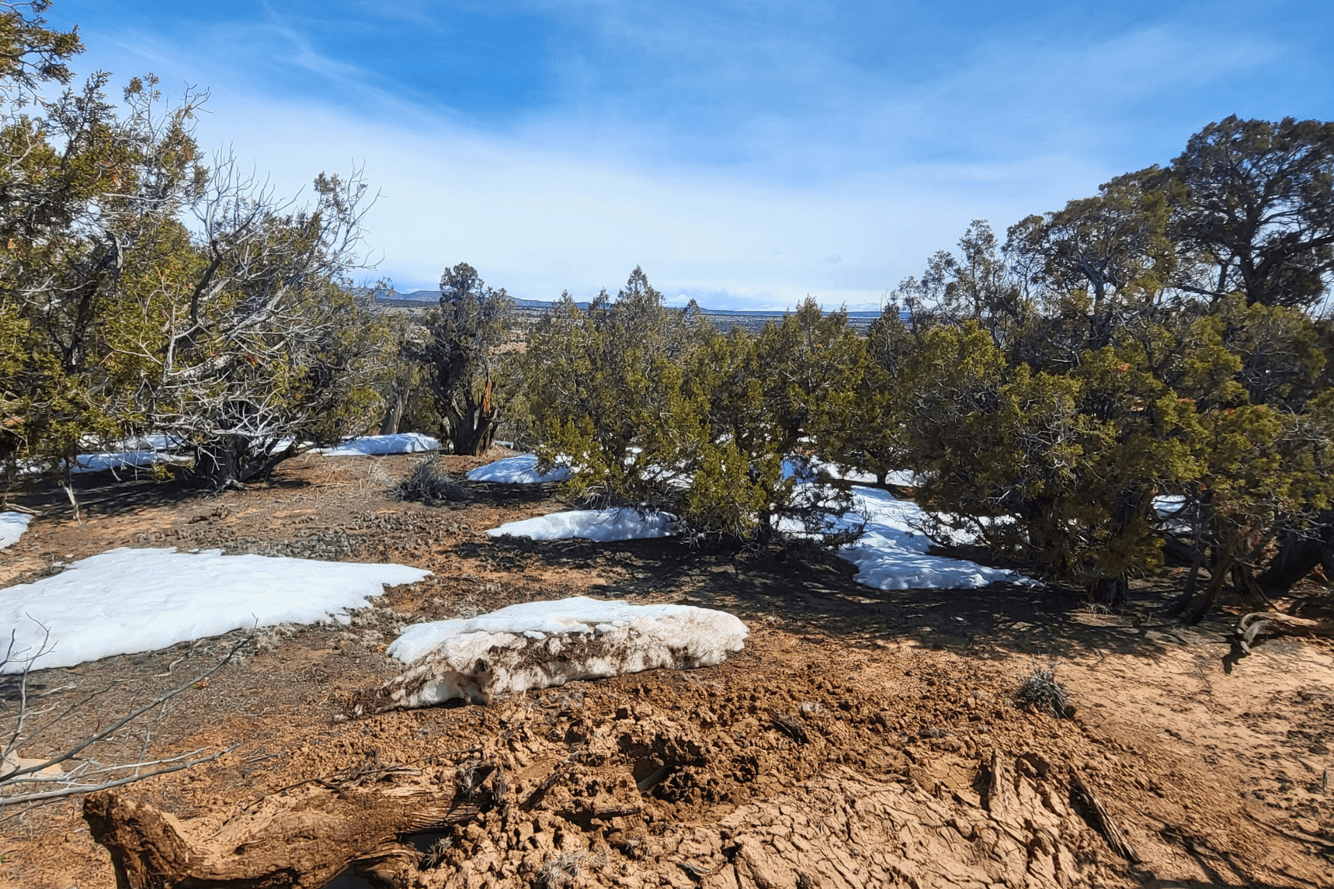 Snow patches on dry, rocky terrain with scattered juniper trees, showcasing the natural landscape of Duchesne County, Utah, relevant to land sales by Mountains West Ranches.