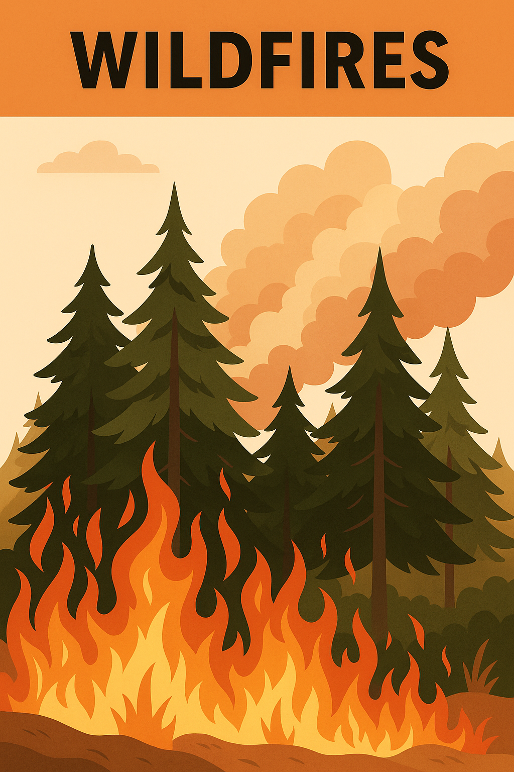 Wildfires in Utah with flames and smoke surrounding evergreen trees, emphasizing the natural disaster's impact on rural areas.
