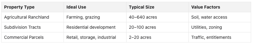 property type, ideal use, and typical size chart