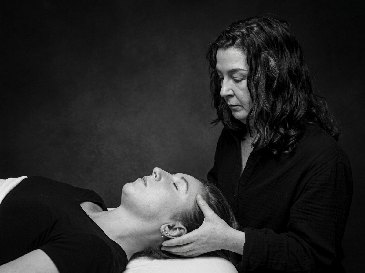 A woman receiving a head and neck massage from a masseuse in a calm setting.