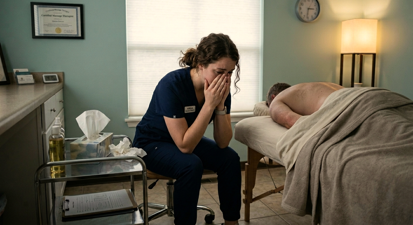A massage therapist sits in warmly hit massage room with her head in her hands, with a middle-aged man face down on a massage table behind her.