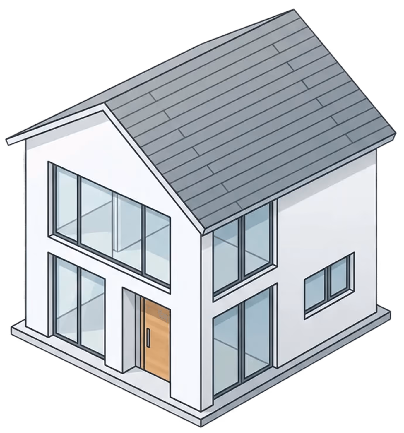 Modernes zweistöckiges Haus mit Glasfronten, grauem Dach und Holztür. Ansprechend und zeitgenössisch gestaltet.
