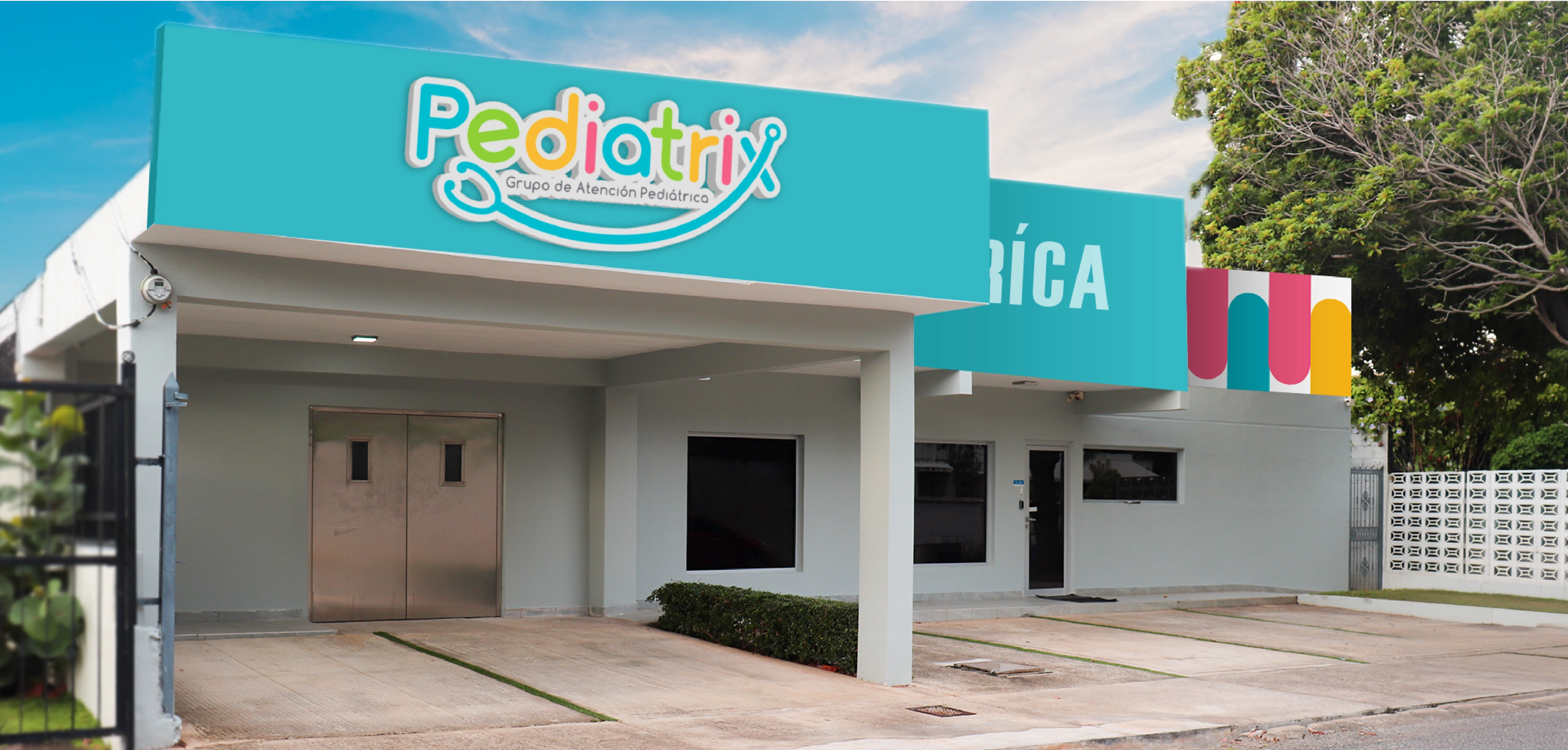 Exterior of a pediatric care clinic named Pediatrix with a teal sign and colorful logo above the entrance.