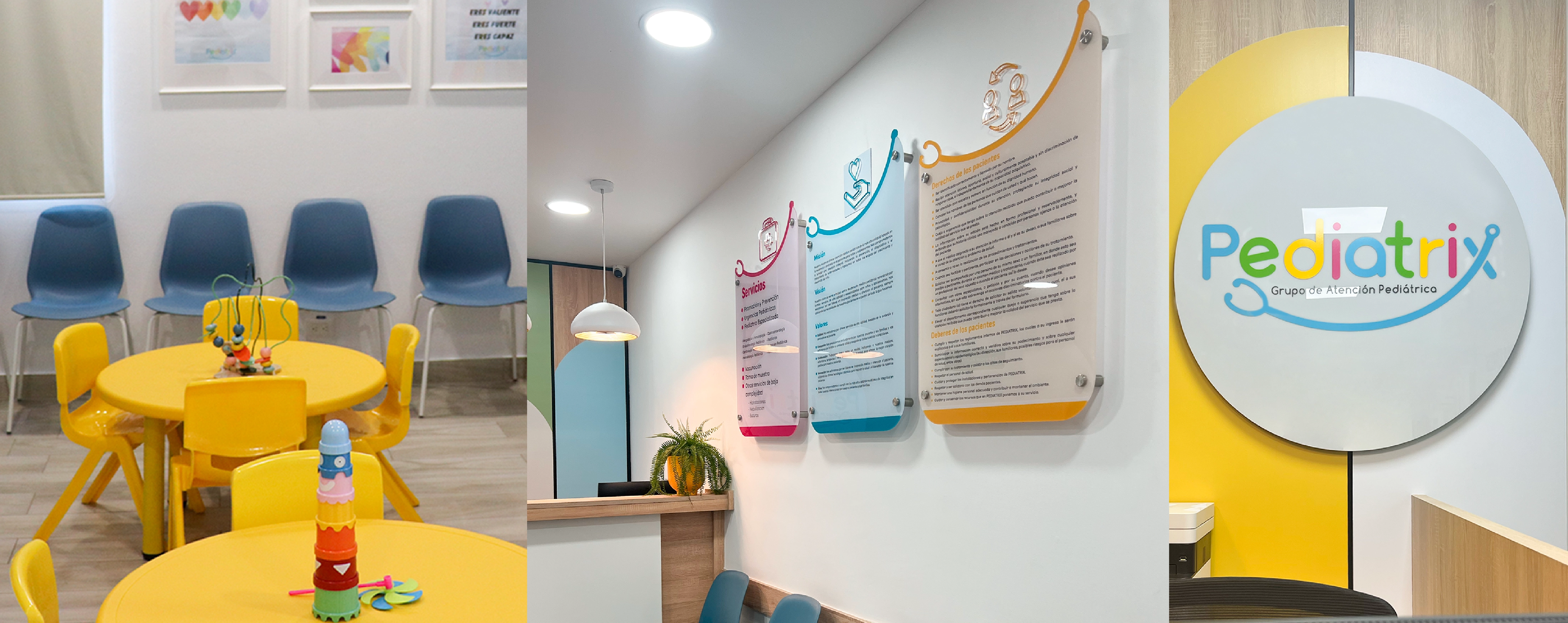 Bright pediatric waiting room with yellow children's tables and chairs, blue adult chairs, colorful wall signage, and a Pediatric service logo on a yellow and white wall.