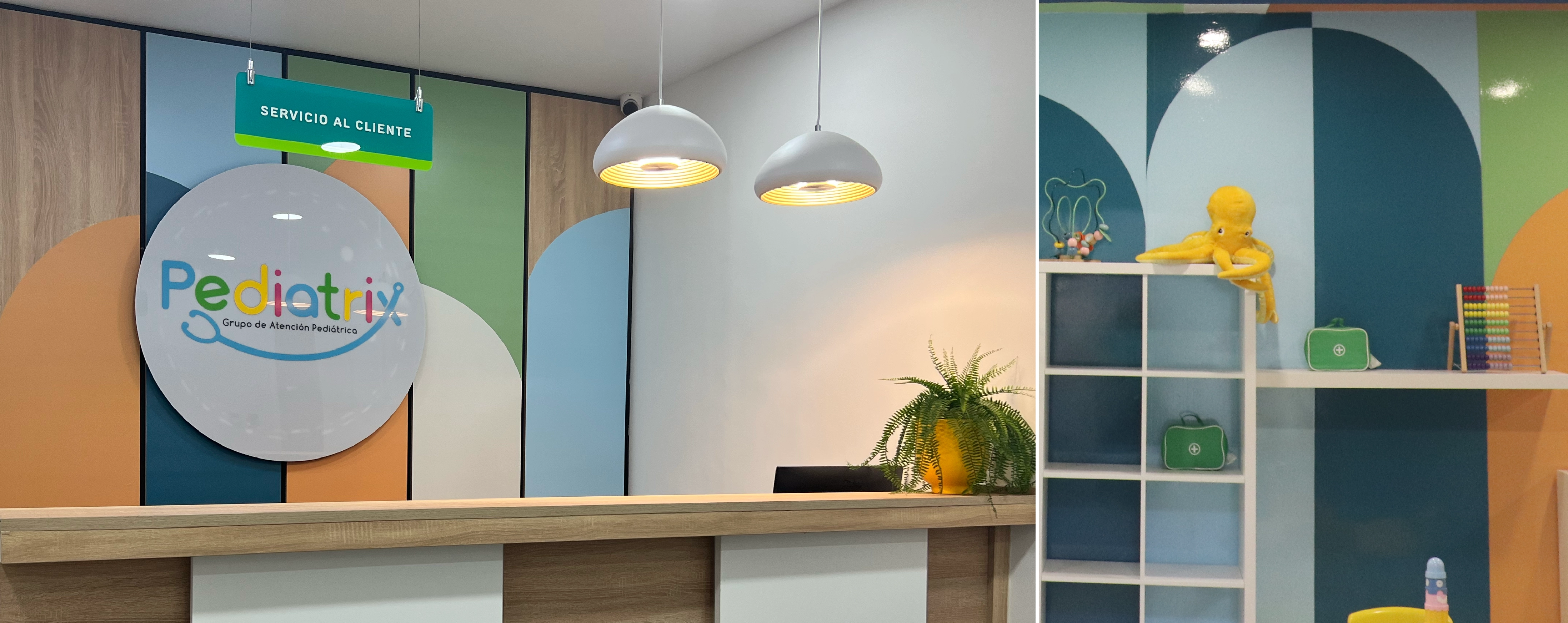 Reception area of a pediatric clinic with a colorful wall sign reading Pediatrix, two pendant lights, a plant on the counter, and shelves with toys including a yellow octopus plush and an abacus.