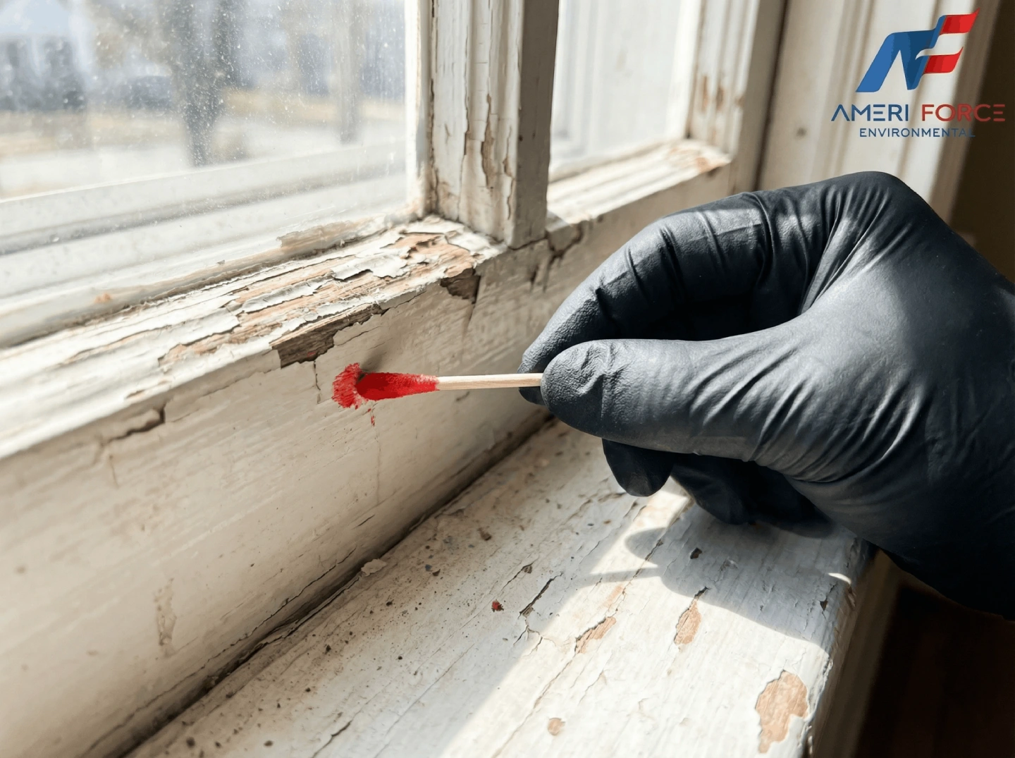 Professional lead paint testing on a historic Fort Collins window frame showing positive results for lead.