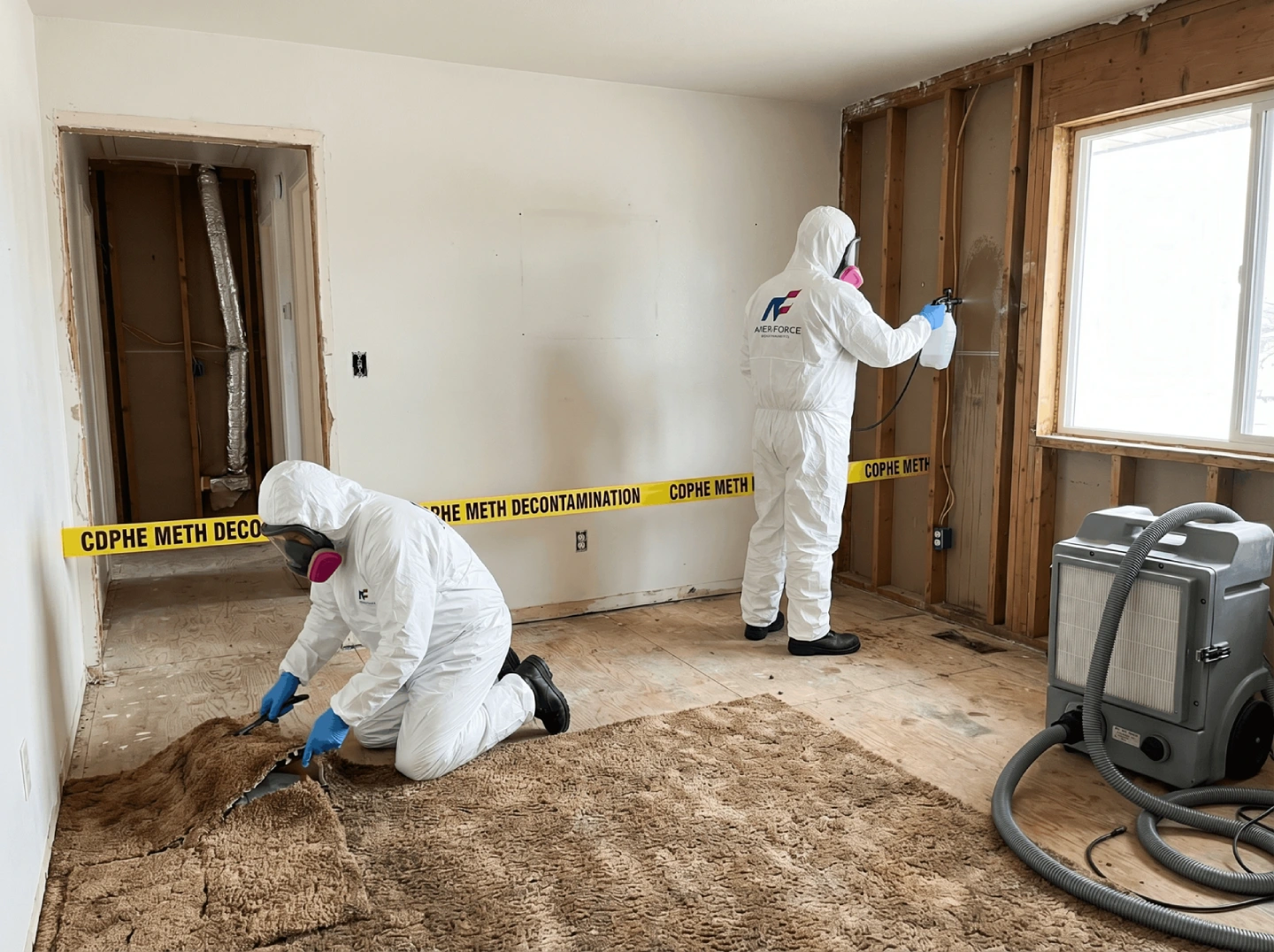 AmeriForce technicians performing certified CDPHE meth cleanup Colorado services by removing carpet and cleaning walls in a stripped-down residential property.