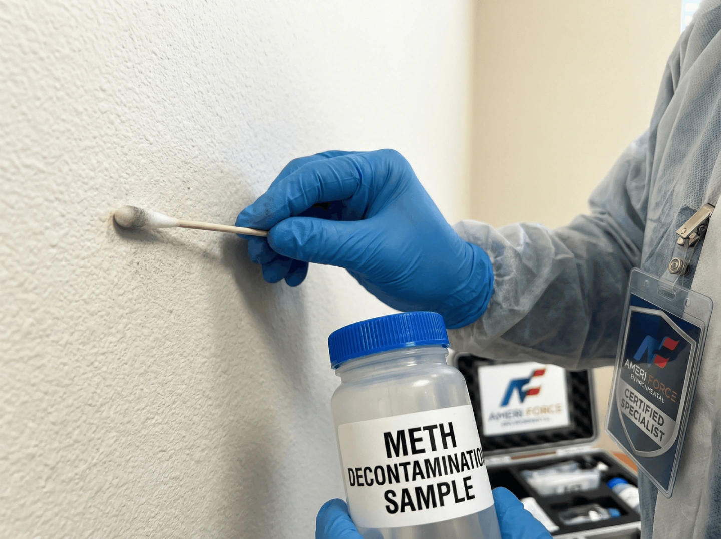 Certified technician performing required surface testing to meet CDPHE meth cleanup Colorado safety standards.