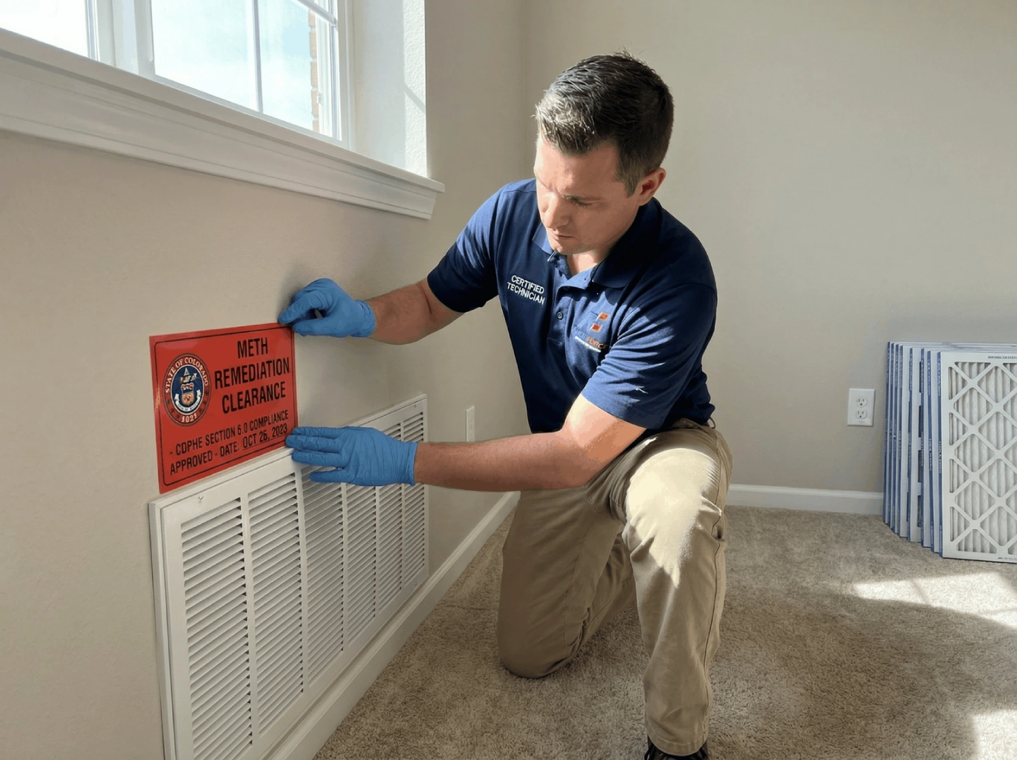 A certified AmeriForce technician placing an official CDPHE meth cleanup Colorado compliance seal on a newly remediated and clean residential property interior.