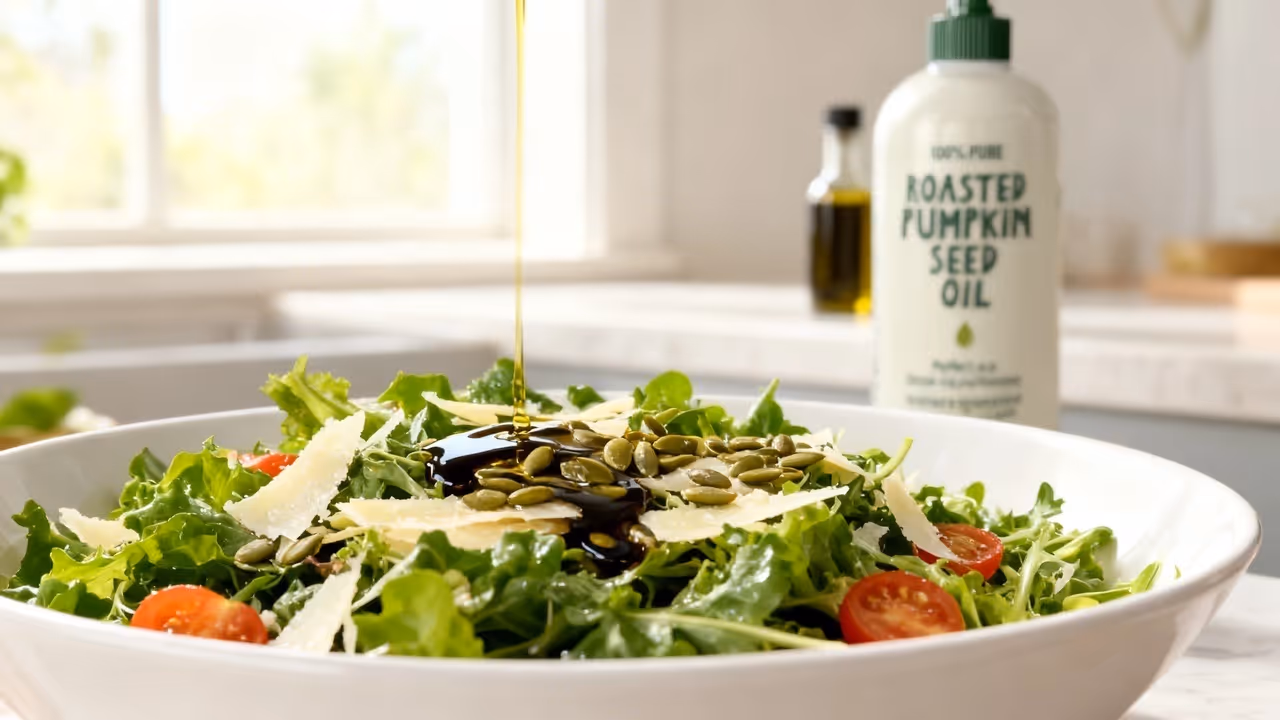 Fresh green salad with cherry tomatoes, pumpkin seeds, and shaved cheese with oil being poured on top.