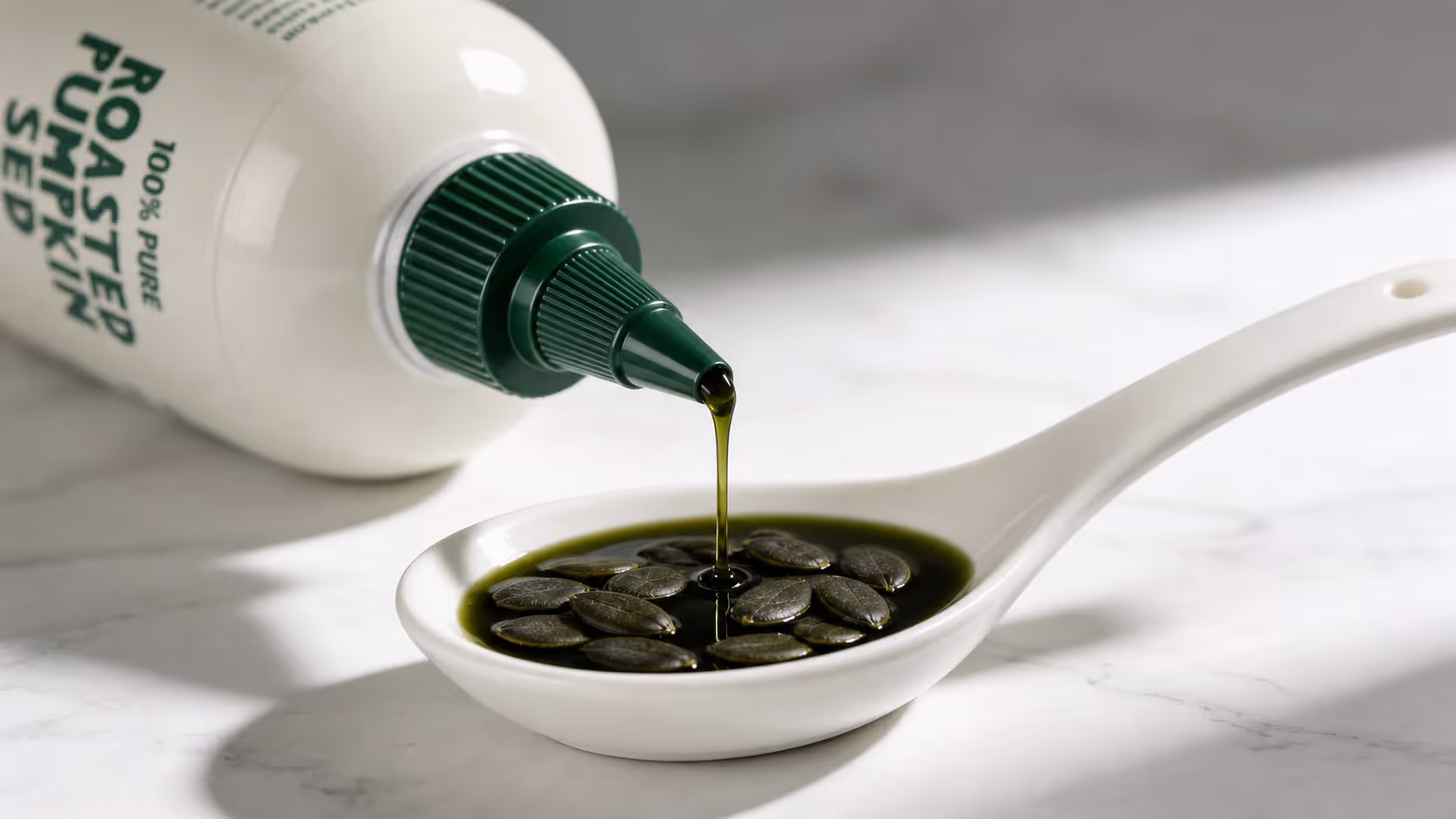 Pumpkin seed oil being poured from a white bottle into a white spoon filled with pumpkin seeds on a marble surface.