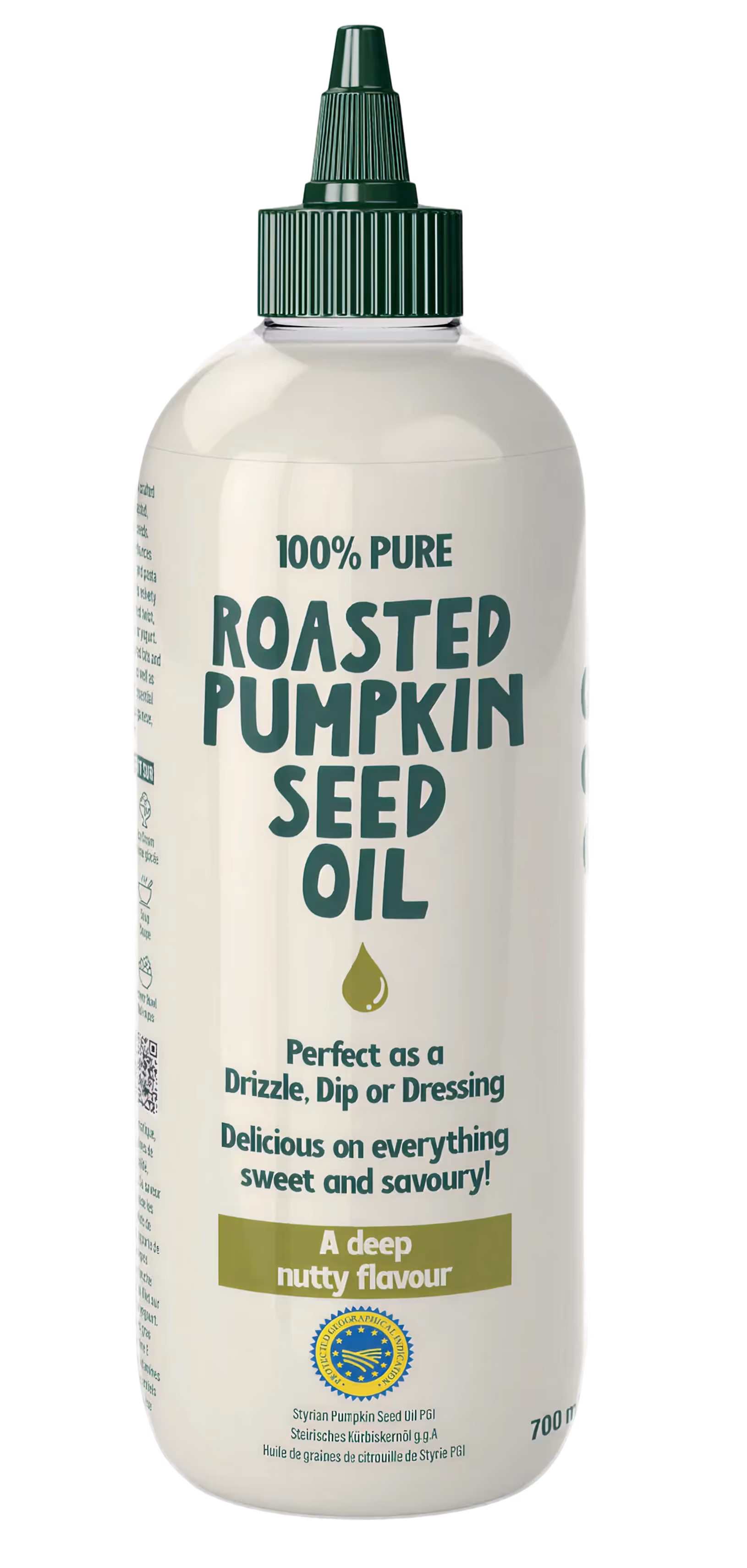 Bottle of 100% pure roasted pumpkin seed oil with green cap, labeled as perfect for drizzle, dip, or dressing with a deep nutty flavor.