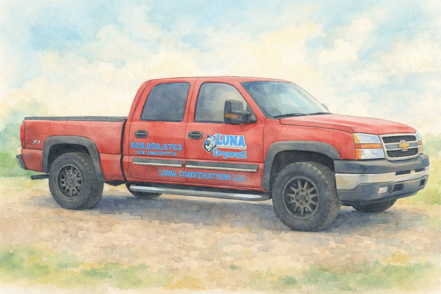 Red Luna truck with logo on door