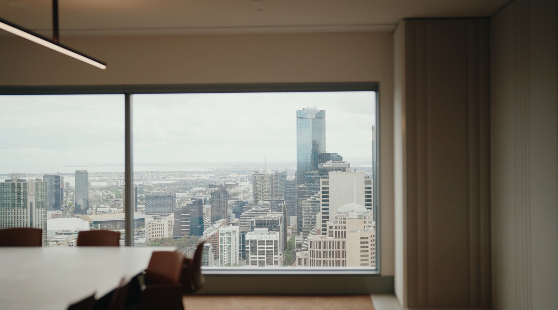Meeting room window with views over the Melbourne city skyline
