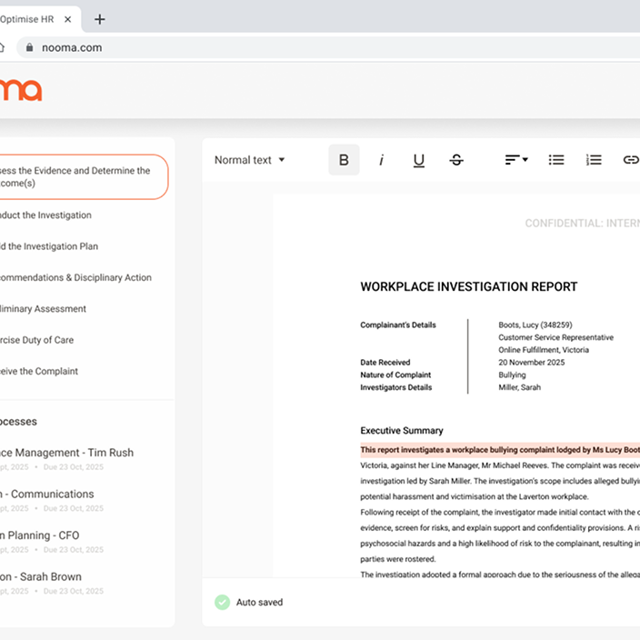 Nooma app showing a workplace investigation report with guided process steps