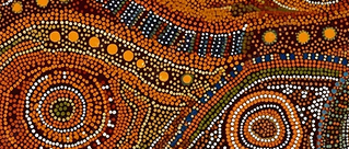 Aboriginal dot painting artwork in ochre, orange and yellow tones