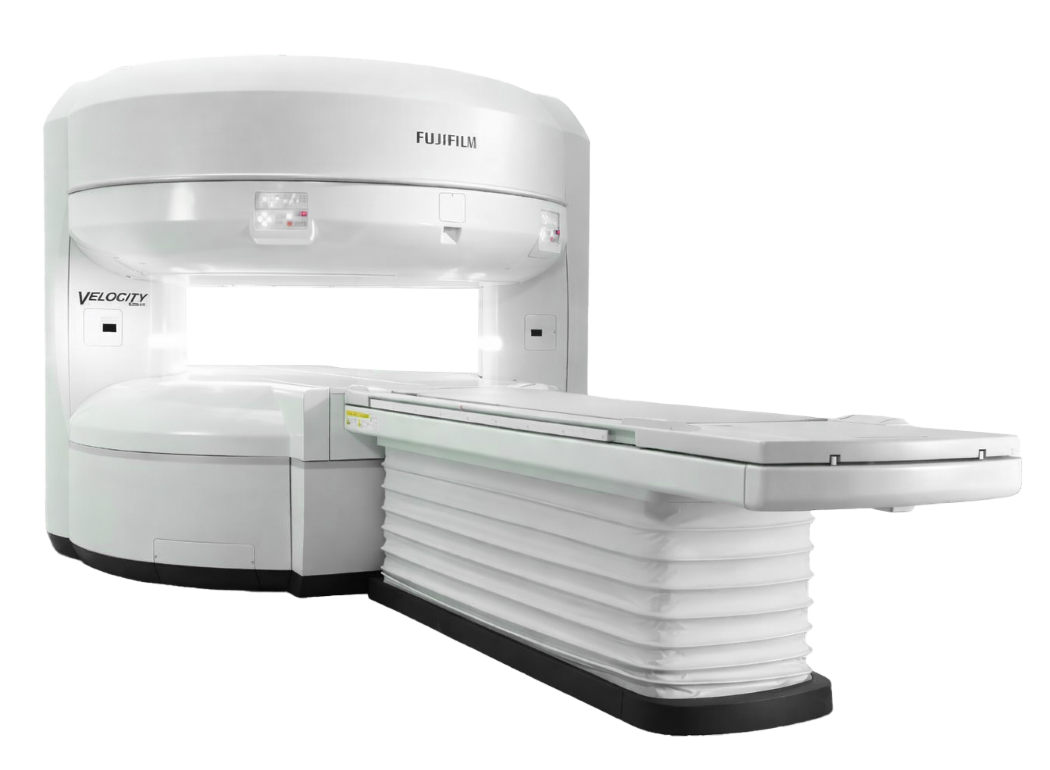 White Fujifilm Velocity MRI scanner with a sliding patient table.