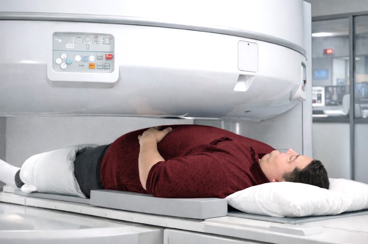 Man lying on a medical imaging machine bed, preparing for a scan with a pillow under his head and a control panel above him.