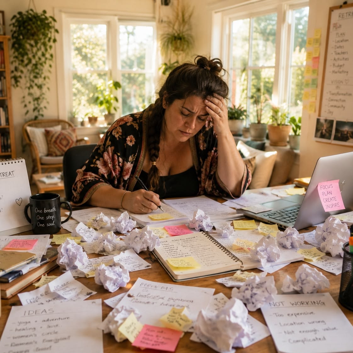 Woman sitting at a desk feeling overwhelmed by multiple tasks, representing ADHD and executive functioning challenges