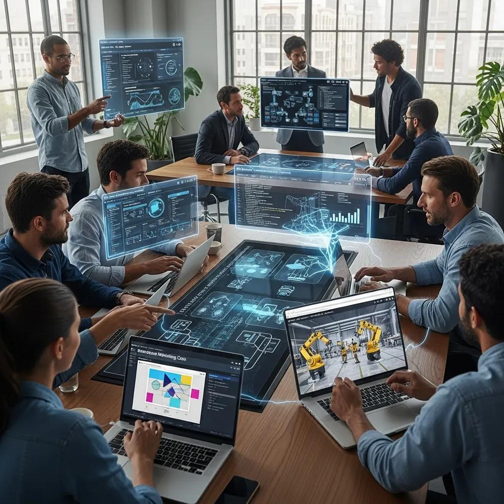 Team collaborating with AI automation tools in a modern office