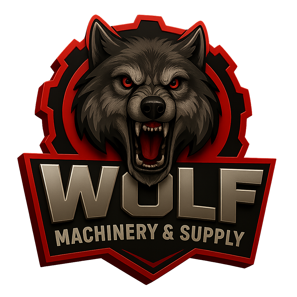 Logo featuring an aggressive wolf head with red eyes and bared teeth above the text 'WOLF MACHINERY & SUPPLY' on a gear-shaped red and black background.