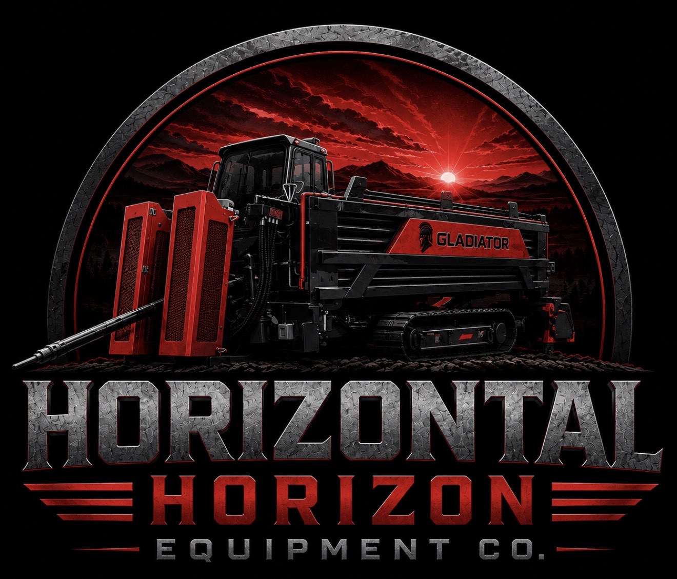 Horizontal Horizon Logo with Gladiator horizontal drilling machine with red and black design under a red sunset in mountains.