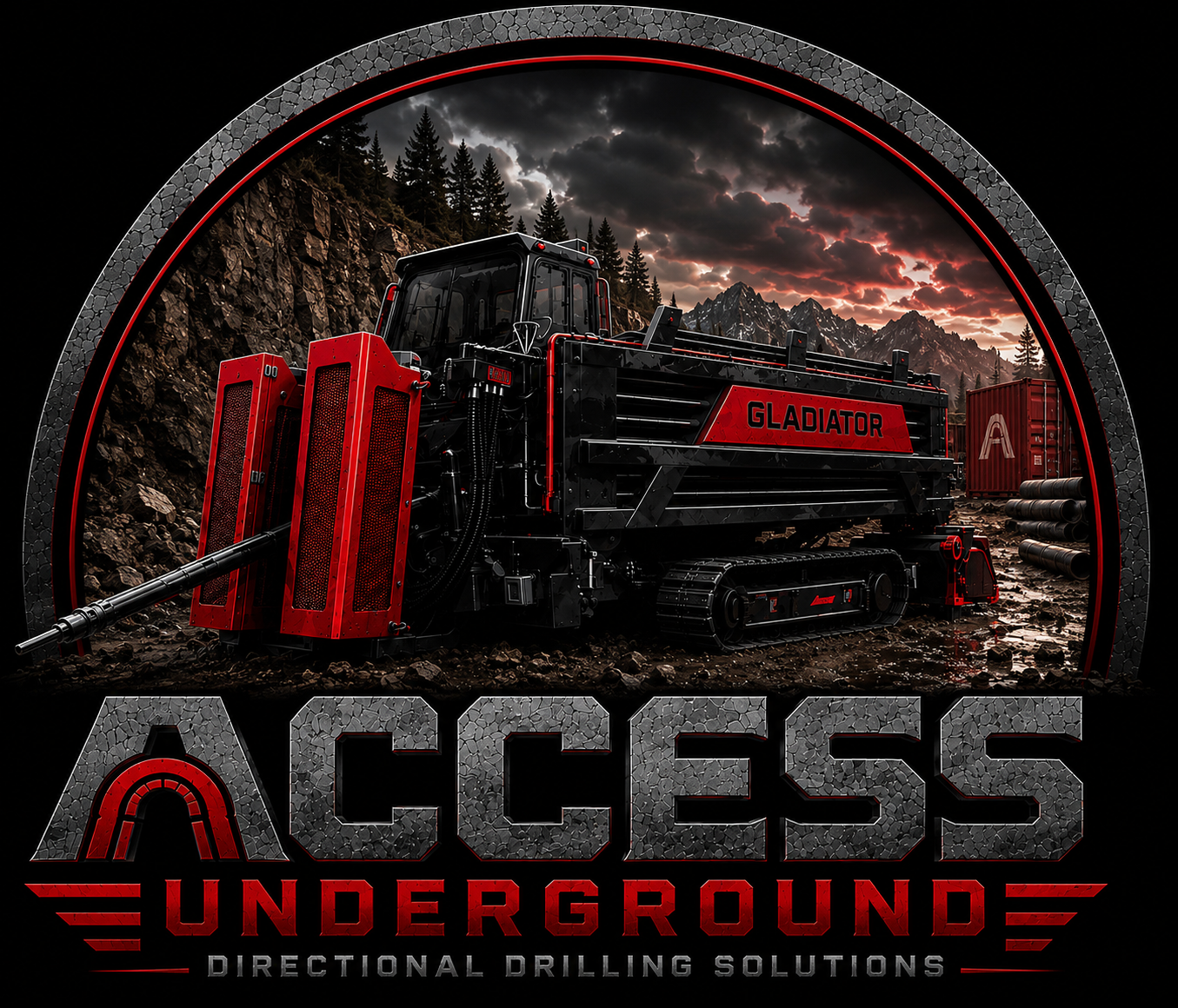 Access Underground Logo Heavy Gladiator directional drilling machine with mountainous background and ACCESS Underground text.