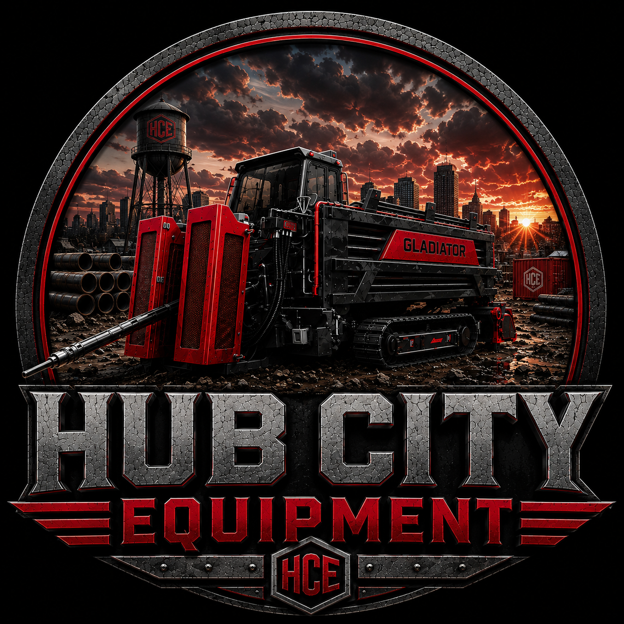 Gladiator G30 horizontal directional drill with city skyline and sunset inside a circular frame labeled Hub City Equipment Kentucky and South Indiana