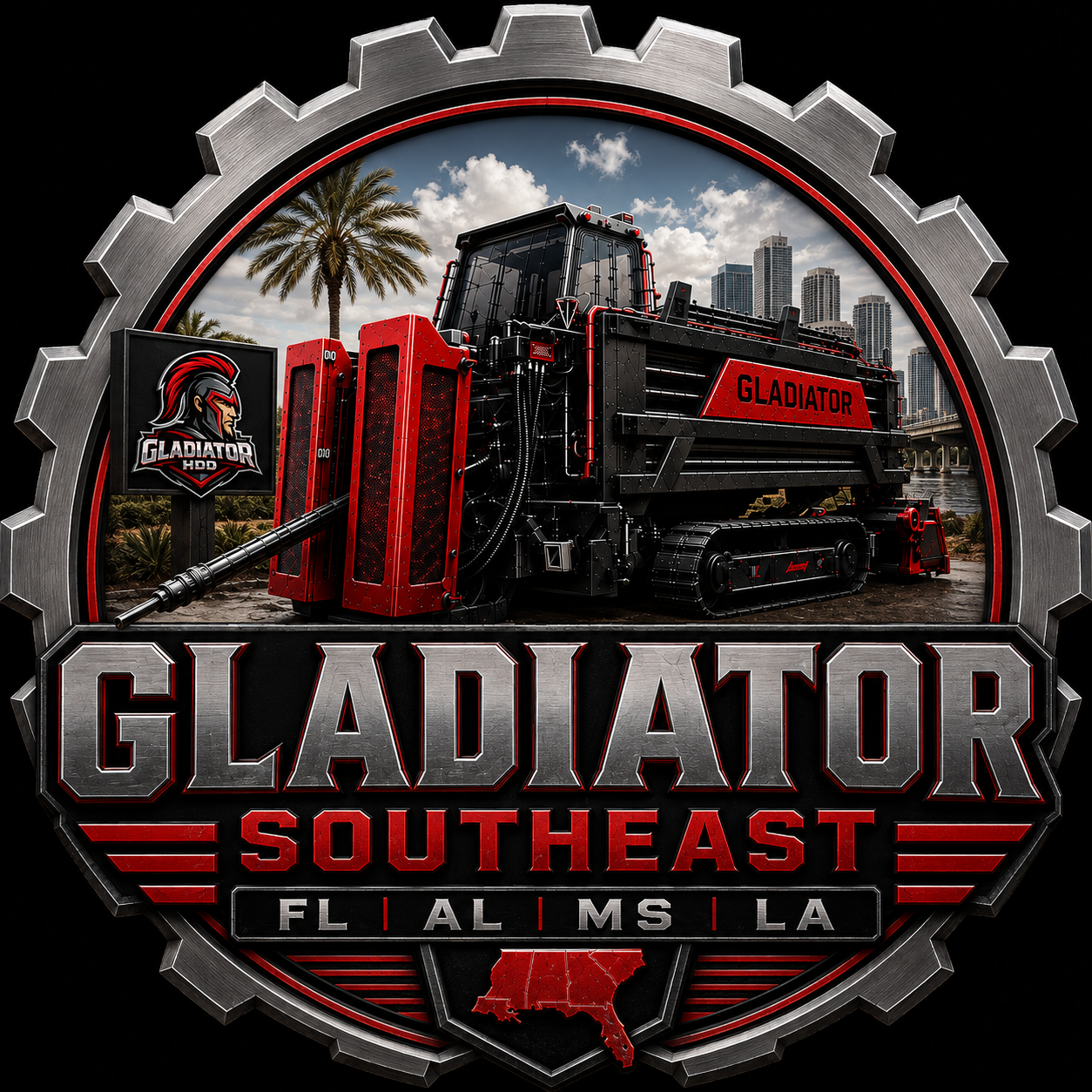 Metal gear emblem with red and black armored vehicle labeled Gladiator, text Southeast and states FL AL MS LA.