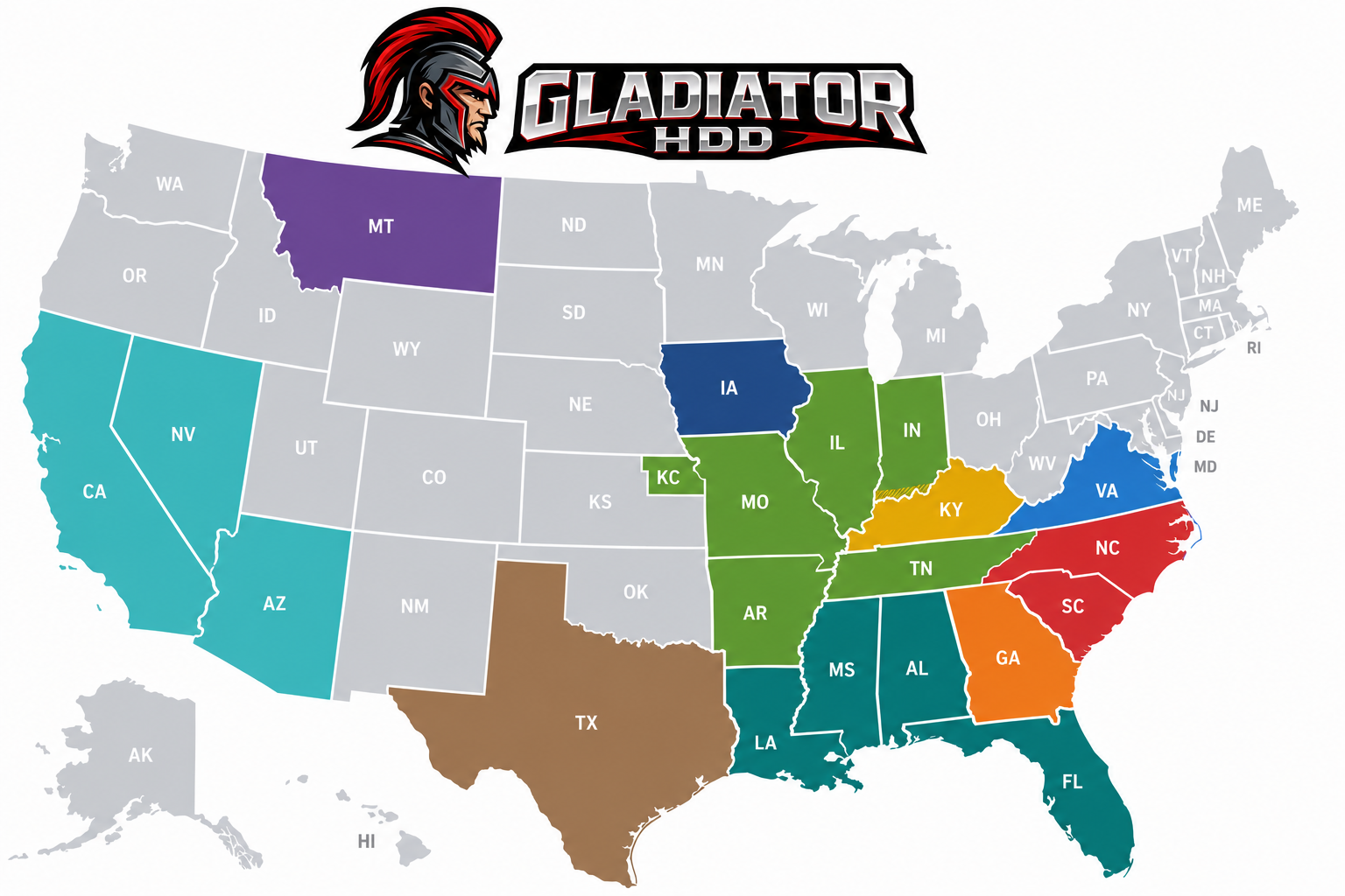 US map with select states colored and labeled under Gladiator HDD logo at the top.