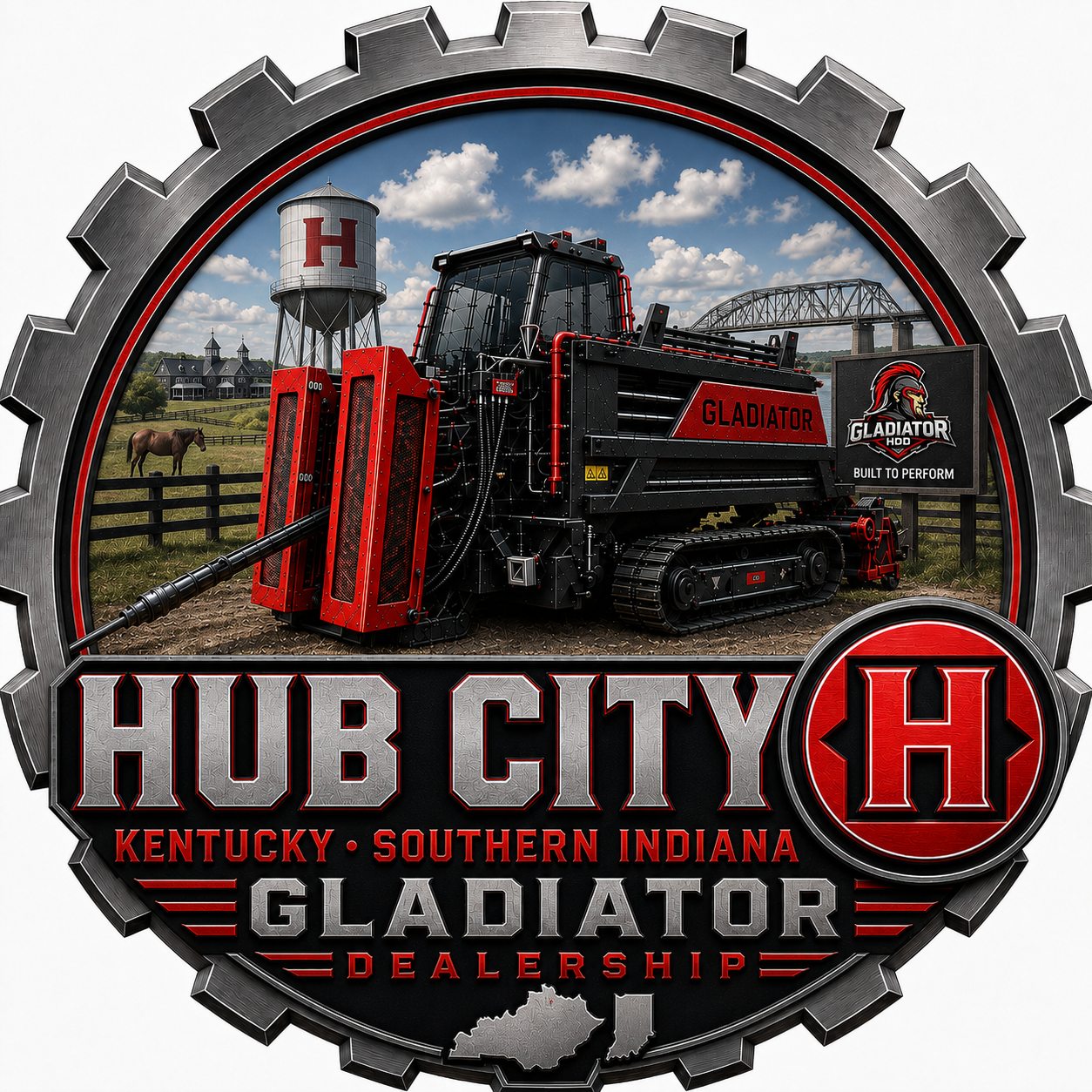 Gladiator G30 horizontal directional drill with city skyline and sunset inside a circular frame labeled Hub City Equipment Kentucky and South Indiana