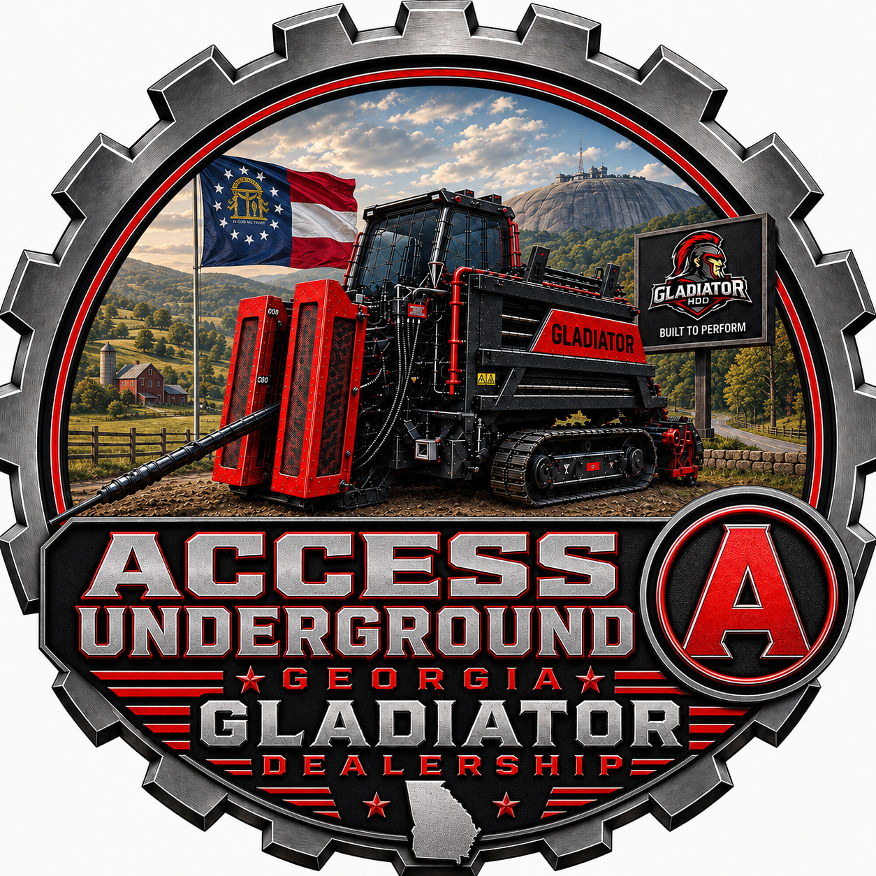 Access Underground Logo Heavy Gladiator directional drilling machine with mountainous background and ACCESS Underground text.