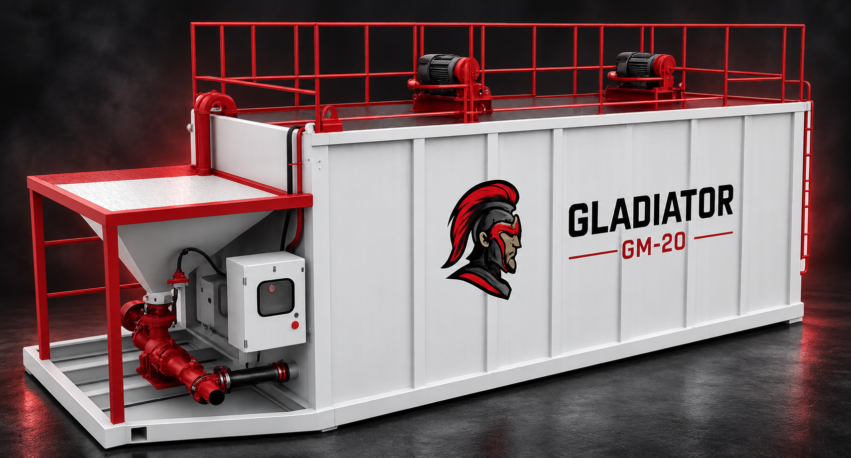 Large industrial container labeled Gladiator GM-20 in black and red text, featuring a gladiator helmet logo in red and black, with red railings and two black and red motors on top, and a red and white metal frame with pipes on one end.