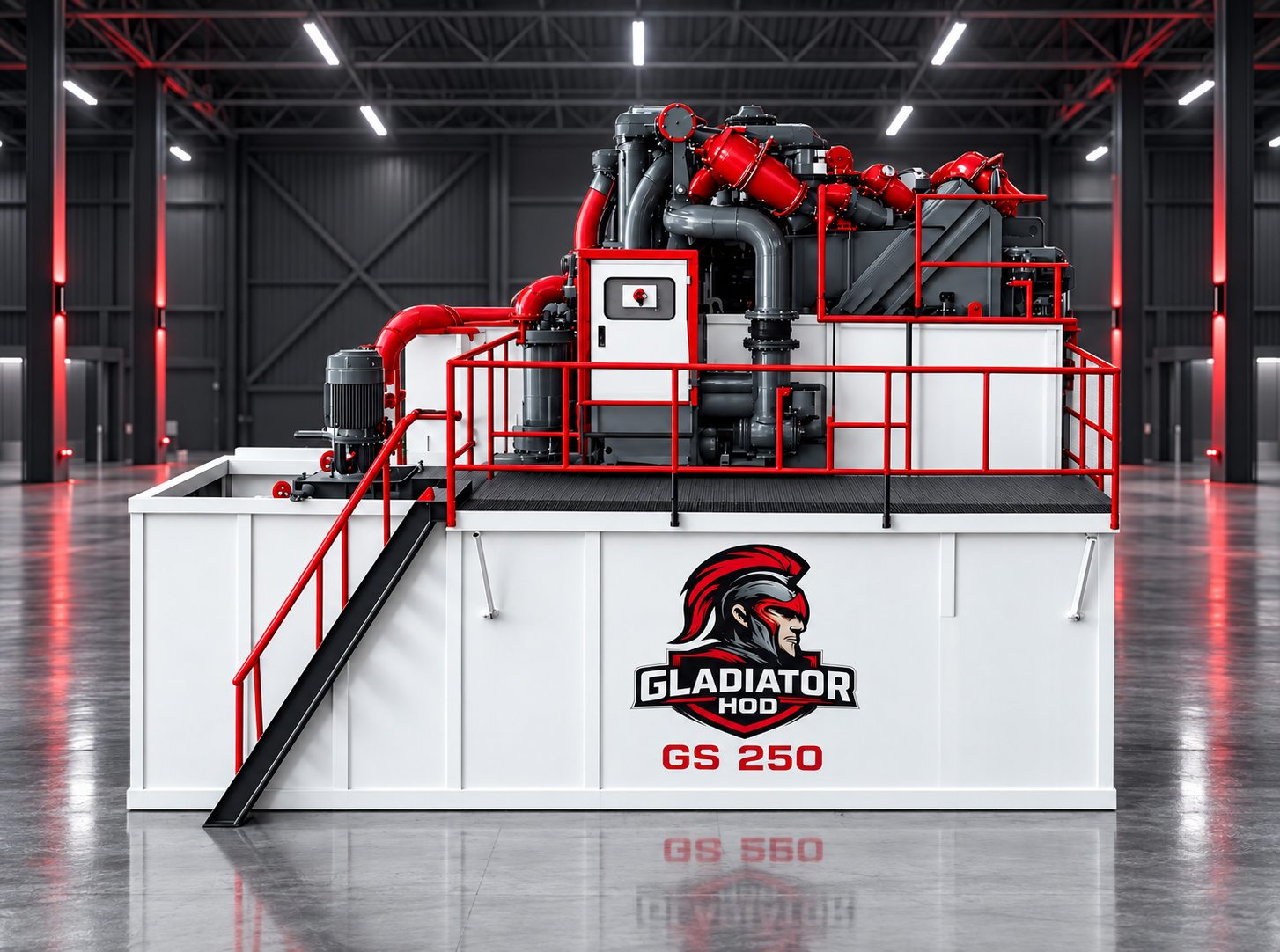 Industrial machine unit labeled 'Gladiator HOD GS 250' with red and black piping, black stairs, and railing inside a spacious, modern factory floor.