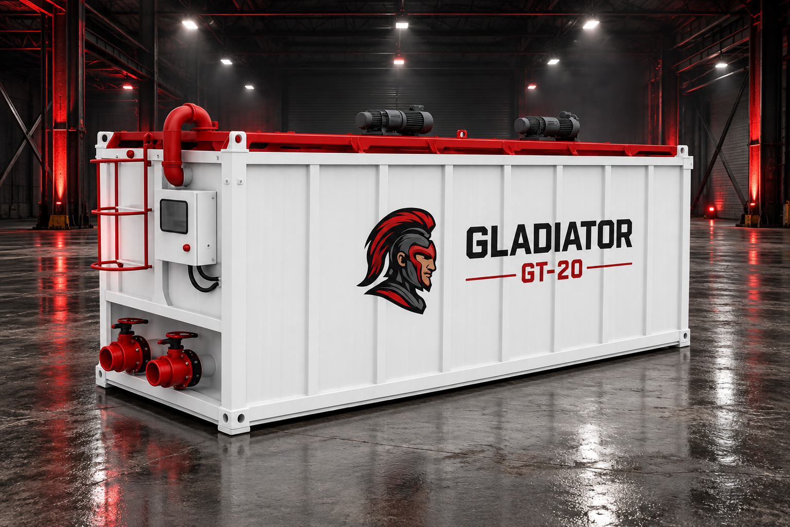 Large white industrial container labeled Gladiator GT-20 with a red and black gladiator helmet logo, set on a polished concrete floor in a dimly lit warehouse with red accent lighting.