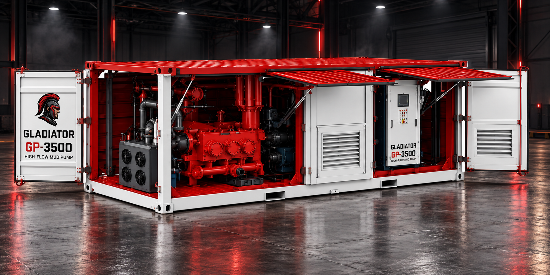 Industrial Gladiator GP-3500 high-flow mud pump with red and white exterior open to reveal machinery and control panel inside, placed on a polished concrete floor in a dark warehouse with red accent lighting.