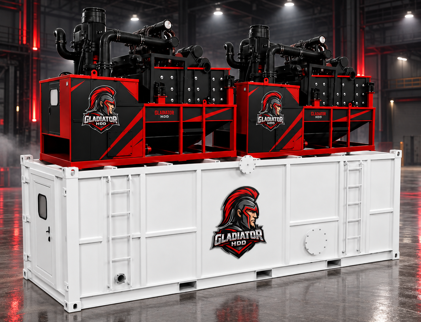 Two red and black Gladiator HDD industrial units mounted on a large white container.