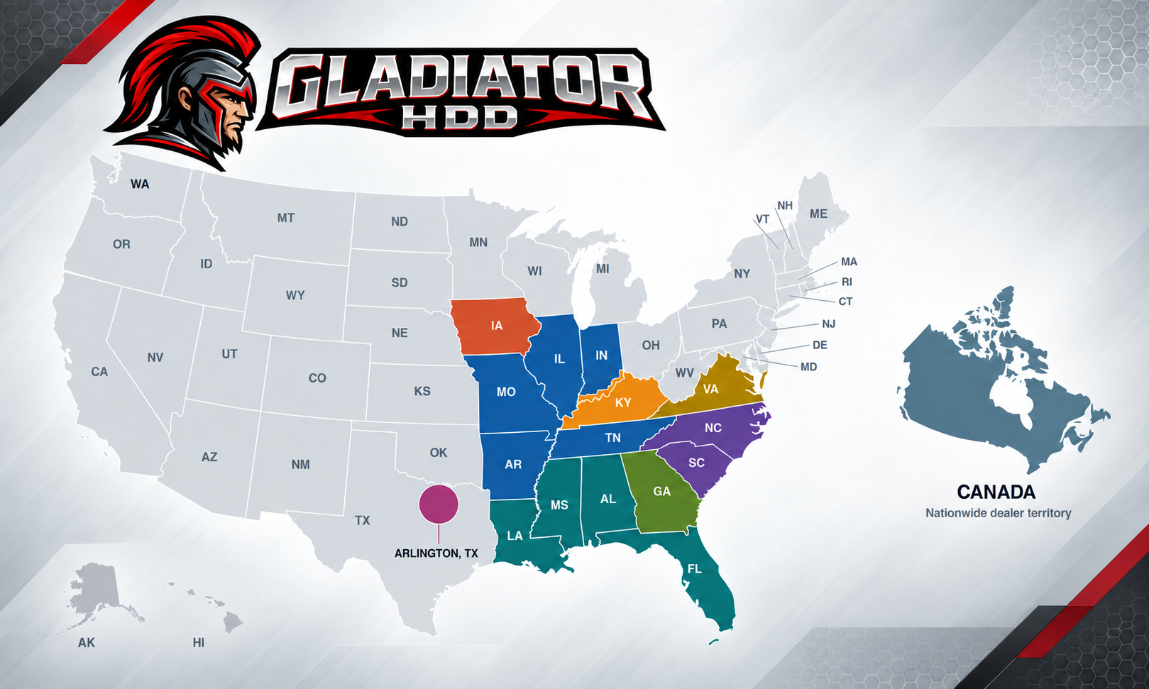US map with select states colored and labeled under Gladiator HDD logo at the top.