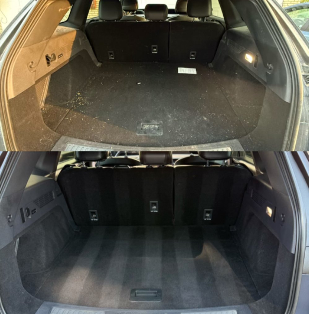 Comparison of a car trunk: top is dirty with debris and bottom is clean with vacuumed lines.