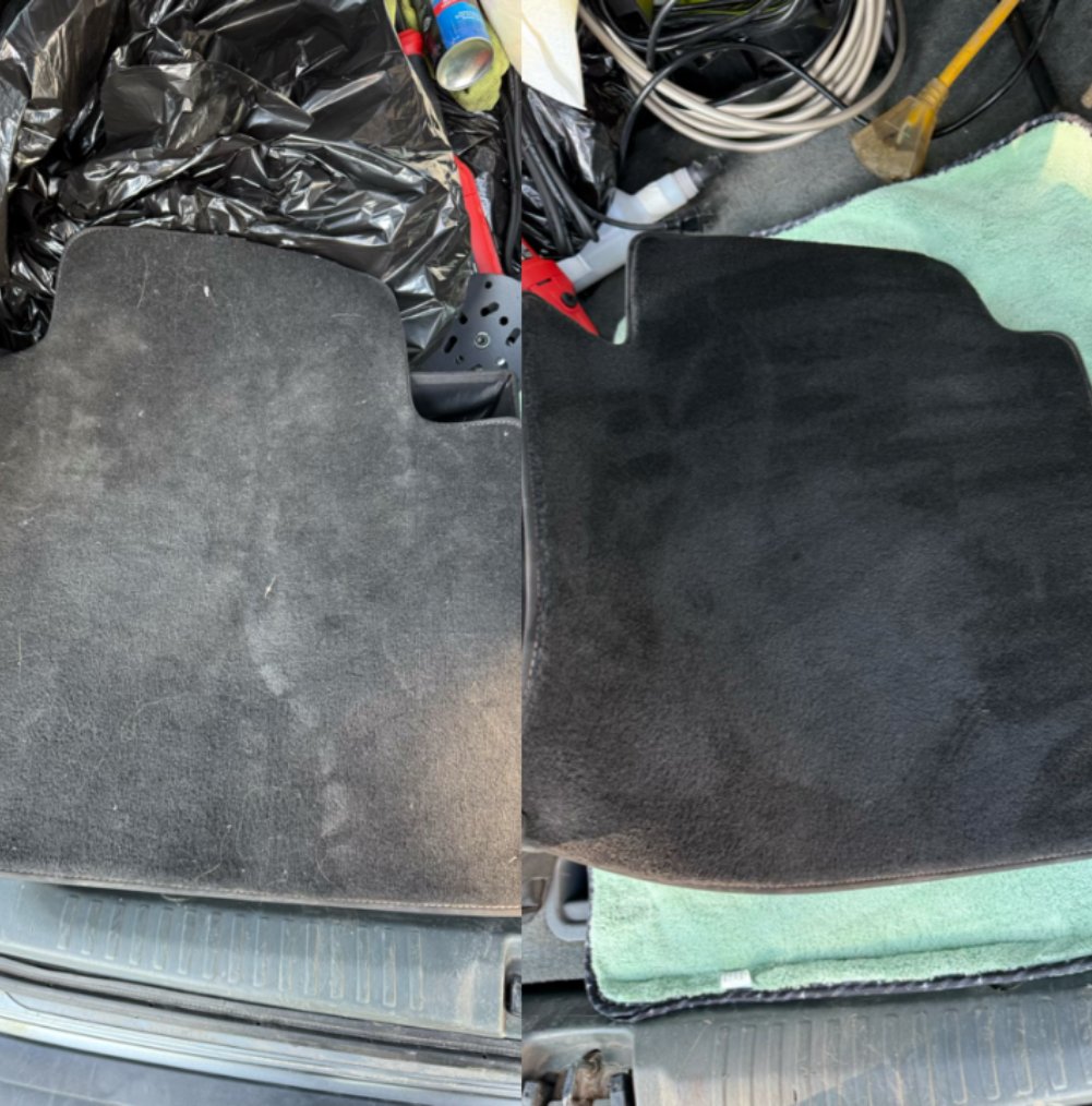 Side-by-side comparison of a dirty car floor mat on the left and a clean, dark car floor mat on the right.