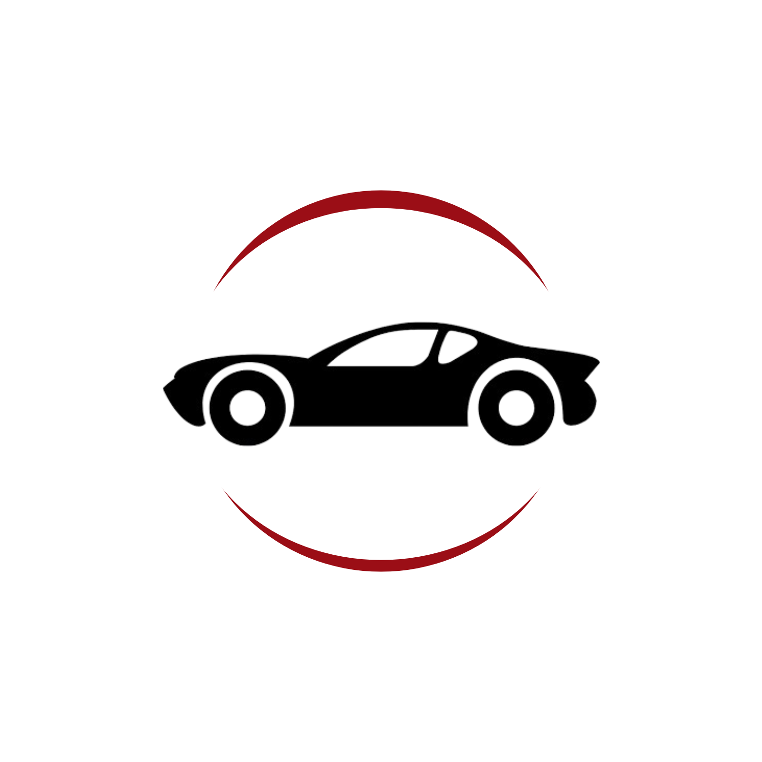 Black silhouette of a sports car inside a white circle bordered by a red ring.