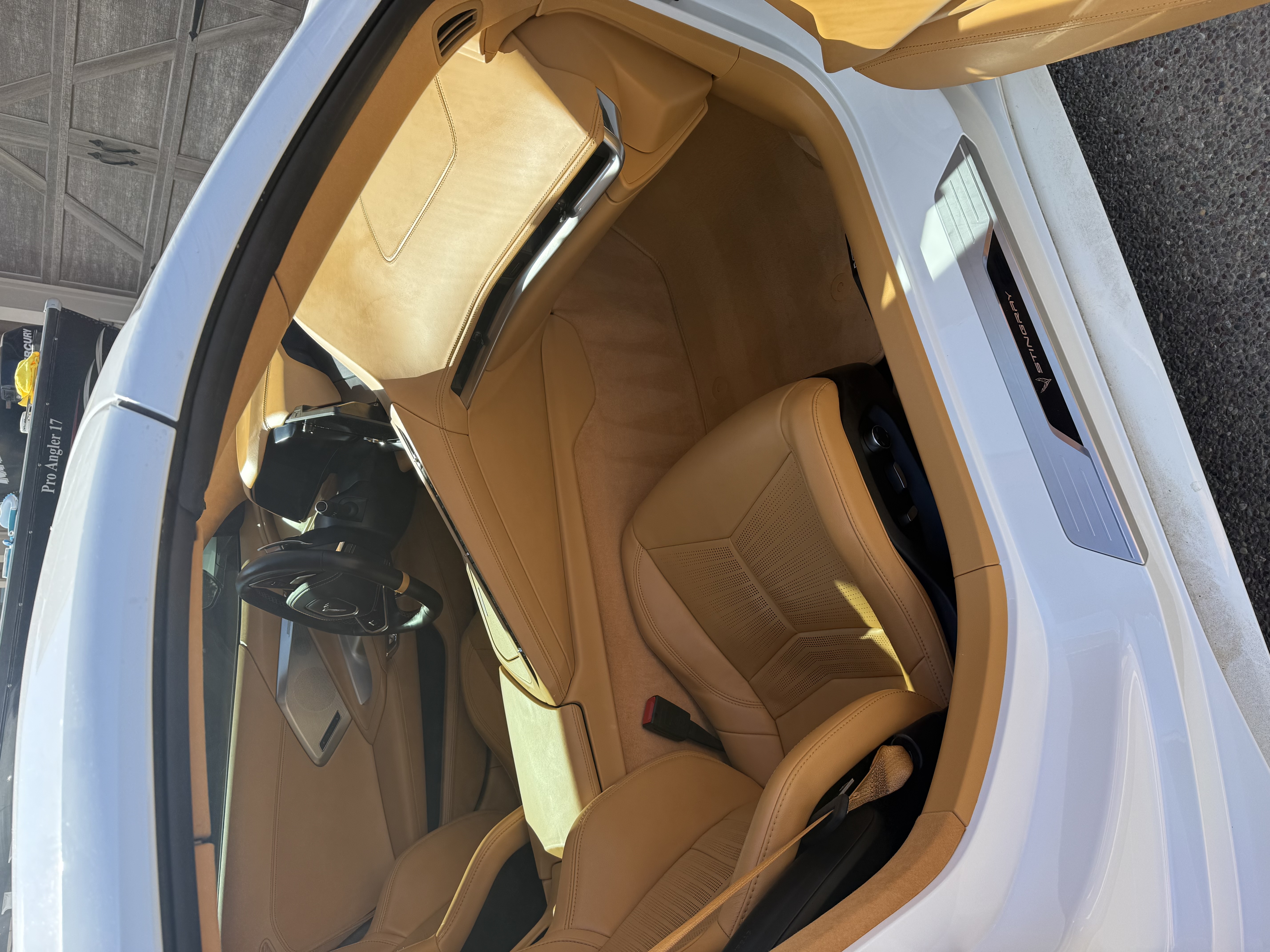 Open rear passenger door showing black leather seats and interior of a silver vehicle parked outside a house.